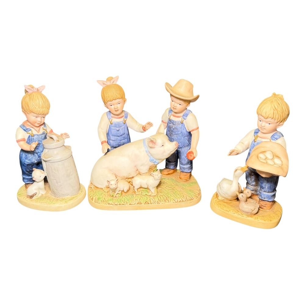 Homco Denim Days Figurine Set Farm Life Kids Animals Porcelain 1985